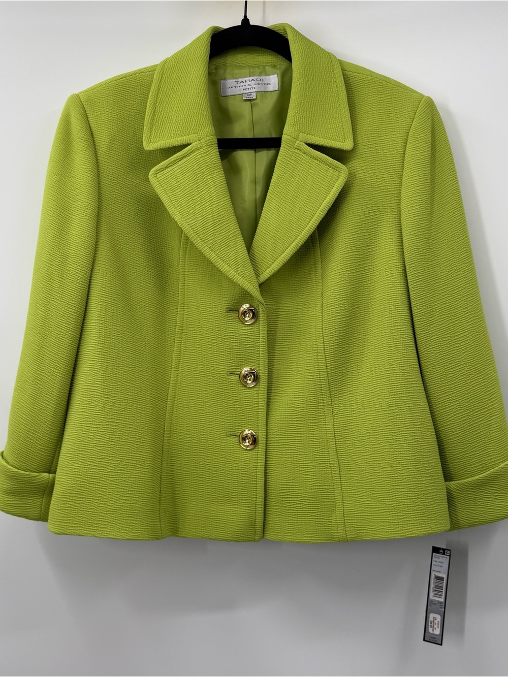 Tahari Bright Lime Green Textured Blazer with Gold Buttons